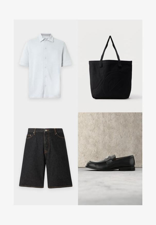 Chemise à manches courtes avec col, en tissu bleu clair texturé avec un motif en losanges, dotée d'une fermeture boutonnée à l'avant et d'un ourlet droit.; Shorts en denim noir avec une coupe droite, présentant des coutures orange, cinq poches et une fermeture à bouton en métal à la taille.; Mocassin en cuir noir avec une plaque de marque en métal reposant près d'une table ronde marron sur un sol recouvert de moquette beige.; Sac fourre-tout en toile noire avec deux bandoulières et un motif circulaire discret en relief sur le devant.