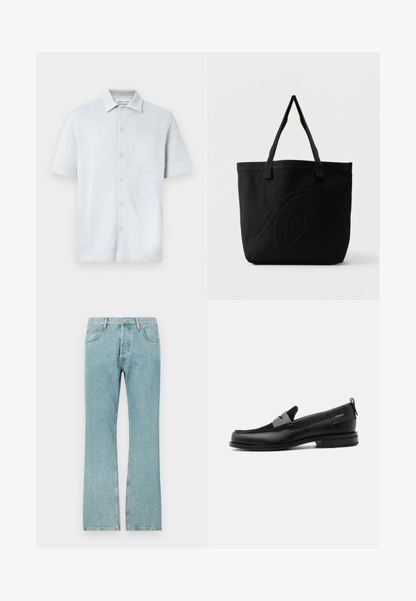 Korte mouwen overhemd met kraag in lichtblauw, structuurstof met een ruitpatroon, voorzien van een knoopsluiting aan de voorkant en een rechte zoom.; Lichtblauwe denim jeans met een recht model, voorzien van vijf zakken en een knoopsluiting. Zichtbare stiksels en rafelige zoomdetails.; Zwarte leren loafer met grijs riemdetailelement, lage hak en gestructureerde zool, aan de zijkant gebrandmerkt met "HUGO" in goud.; Zwarte canvas tas met twee schouderbanden en een subtiel, ingebosseleerd cirkelvormig ontwerp aan de voorkant.