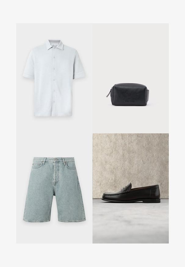 Korte mouwen overhemd met kraag in lichtblauw, structuurstof met een ruitpatroon, voorzien van een knoopsluiting aan de voorkant en een rechte zoom.; Lichtblauwe denim shorts met een relaxed fit, vijf zakken en een knoopsluiting. Verweerde textuur met zichtbare stikdetails.; Zwarte leren penny loafer met lage hak, afgeronde neus en gestikte details langs de voorkant en zijkanten, afgebeeld op een neutrale achtergrond.; Zwarte rechthoekige leren toilettas met rits en geperst merkembleem aan de voorkant, geplaatst tegen een effen witte achtergrond.