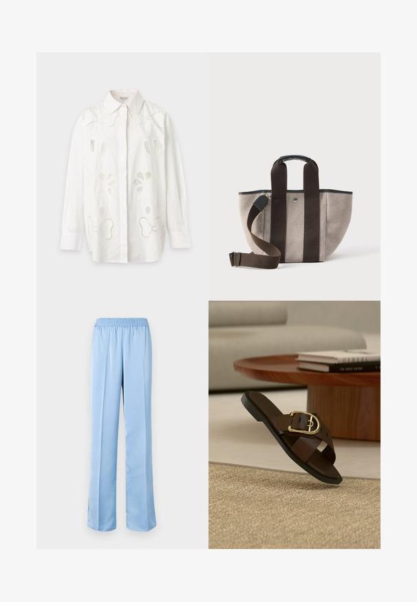Camisa blanca de manga larga con botones, con detalle de bordado floral con recortes y cuello puntiagudo sobre un fondo liso.; Pantalones de pierna ancha en azul claro con una cinturilla elástica. Textura suave, diseño liso y dobladillo ligeramente acampanado con aberturas laterales en la parte inferior.; Sandalia marrón de cuero sin cierre con hebilla dorada sobre una alfombra beige, mesa de centro de madera y libros al fondo.; Bolso de lona en beige con asas en marrón oscuro. Cuenta con un asa superior y una correa de hombro removible. Mejorado con un pequeño detalle de logo.