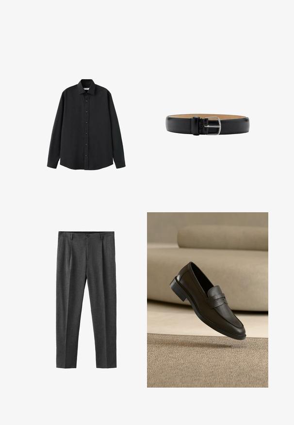 Chemise noire à manches longues avec col et boutons, présentée à plat sur un fond blanc.; Pantalon gris sur mesure à coupe droite, présentant des plis plats à l'avant, une fermeture à bouton unique et un tissu lisse et texturé.; Chaussure loafer en cuir noir reposant sur un tapis beige avec un canapé beige courbé en arrière-plan.; Ceinture en cuir noir avec une boucle en métal argenté brillant, présentant une texture lisse et un design minimaliste. L'intérieur est beige.