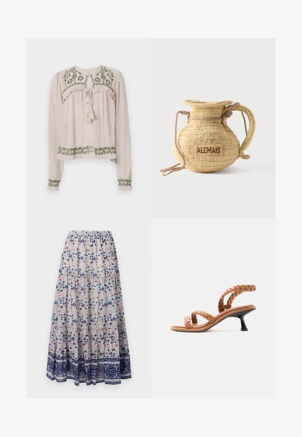 Blouse rose clair à manches longues avec des accents froncés, broderie florale verte sur le devant et l'ourlet, et un col noué avec un gland.; Jupe maxi florale avec un fond gris, présentant des fleurs roses et bleues, un design à volants, et un ourlet à motifs navy. Taille élastique.; Sandale beige à brides avec des lanières en cuir tressé et un petit talon kitten noir, vue de profil sur fond blanc.; Sac à main rond en paille tissée avec une anse en corde et "ALEMAIS" brodé sur le côté en fil marron.