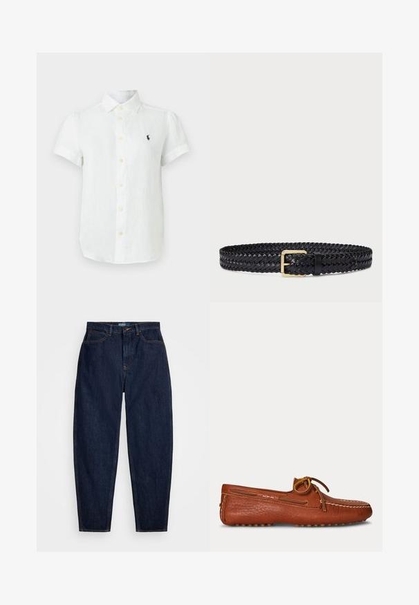 Witte blouse met korte mouwen, knopen, kraag en klein donker logo op de linkerborst, afgebeeld op een effen lichte achtergrond.; Donkerblauwe denim jeans met een rechte pasvorm, voorzien van oranje stiksels, een sluiting met knoop aan de voorkant en vijf zakken.; Bruine leren mocassin met gestikte details en een gestrikte veter op een effen lichte achtergrond, gezien van opzij.; Zwarte geweven leren riem met een goudkleurige metalen gesp. Kenmerkt zich door textuur in het vlechten en een gladde leren afwerking.
