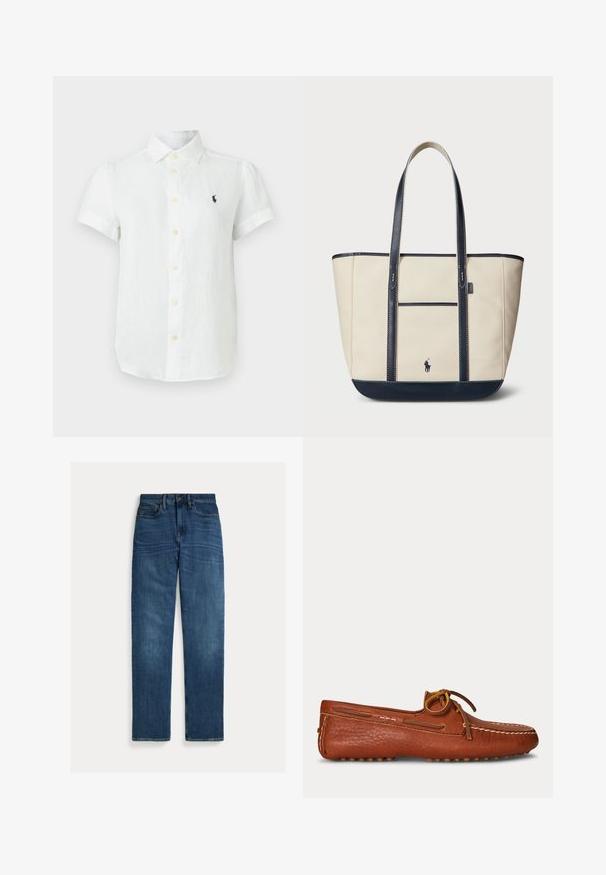 Witte blouse met korte mouwen, knopen, kraag en klein donker logo op de linkerborst, afgebeeld op een effen lichte achtergrond.; Blauwe denim jeans met rechte pijpen, vijf zakken, knoopsluiting en subtiele vervaging op dijen en knieën, plat op een witte achtergrond gelegd.; Bruine leren mocassin met gestikte details en een gestrikte veter op een effen lichte achtergrond, gezien van opzij.; Canvas totebag in crème met marineblauwe accenten. Beschikt over twee lange handvatten, een voorvak en een klein logo. Gestikte details door het hele ontwerp.