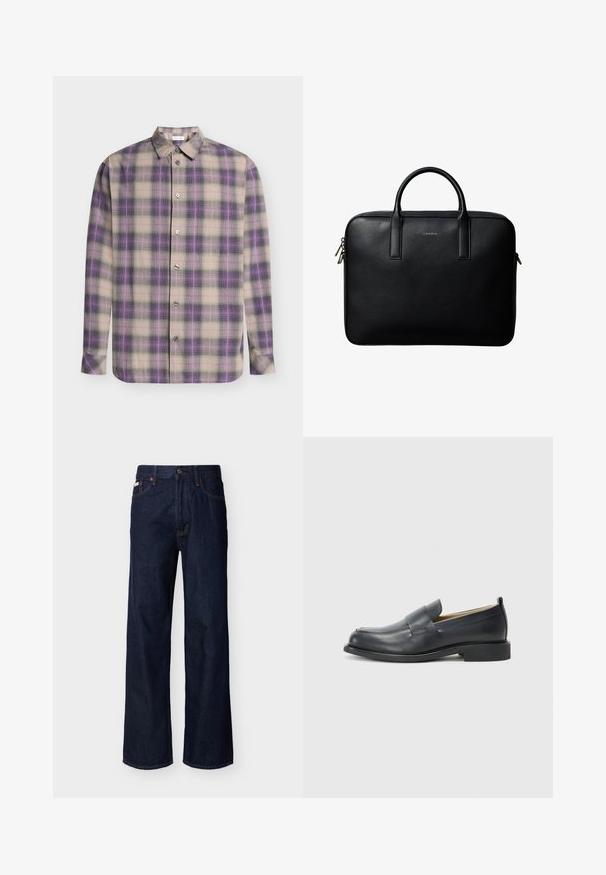 Chemise à manches longues boutonnée avec un motif à carreaux beige, violet et noir et un col classique, présentée à plat sur un fond clair.; Jean droit en denim bleu foncé avec design à cinq poches et fermeture par boutons, présenté sur un fond clair uni.; Mocassins en cuir noir avec une finition lisse, une semelle plate et un bout arrondi, ornés d'une sangle décorative sur le dessus.; Mallette en cuir noir texturé avec double poignées et tirettes de fermeture éclair argentées, centrée sur fond blanc.