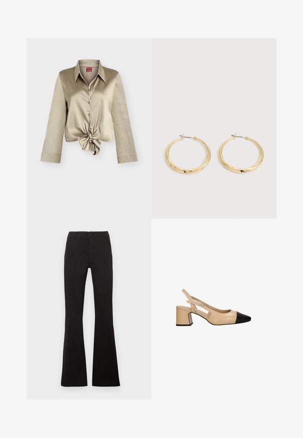 Beige satijnen overhemd met lange mouwen, knopen, puntige kraag en voorste knoopdetail, merk Hugo.; Zwarte broek met hoge taille, voorzien van een knoop- en ritssluiting, steekzakken aan de voorkant en uitlopende pijpen, tegen een effen achtergrond.; Beige slingback hak met een zwarte lakleder teenkap, vierkante blokhak en een verstelbare band met gesp. Gladde textuur overal.; Een paar gepolijste gouden oorringen met dunne pennen en scharnierende sluitingen, tentoongesteld op een effen lichtgrijze achtergrond.