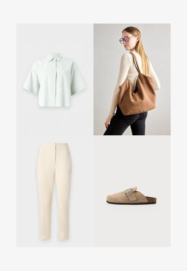 Camisa blanca de manga corta con finas rayas verticales y en forma de cheurón, cierre con botones delanteros y un bolsillo en el pecho sobre un fondo liso.; Pantalones rectos color crema con una cinturilla ajustada y cierre de cremallera frontal oculto, exhibidos sobre un fondo liso.; Sandalia de ante beige tipo slip-on con una correa de hebilla, puntera redondeada y una plantilla de corcho texturizada. Suela exterior de goma negra. Diseño minimalista.; Bolso de tote de ante marrón con textura suave, gran abertura y asas largas. Presenta un diseño sencillo con costuras visibles y sin herrajes.