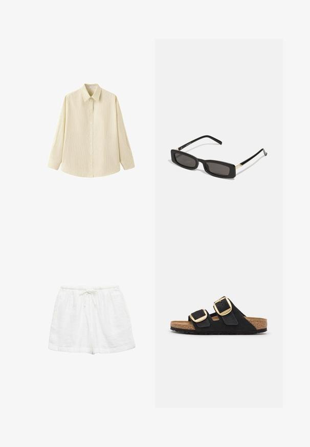 Beige skjorte med lange ærmer og knapper, med subtile lodrette striber og spidst krave, vist på hvid baggrund.; Hvide shorts i frotté med elastisk talje og justerbar snøre.; Sorte ruskind slide sandaler med to brede stropper, hver med en stor guldspænde og en naturlig kork sål med en tekstureret gummisål.; Sorte rektangulære solbriller med mørke linser, glansfulde plastikstel og guld accenter på stængerne. Minimalistisk design og slank form.