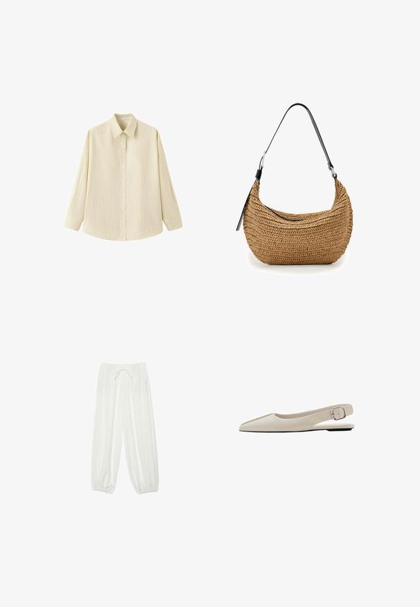 Chemise beige à manches longues boutonnée avec des rayures verticales subtiles et un col pointu, présentée sur fond blanc.; Pantalon blanc ample avec taille élastique, cordon de serrage et poignets élastiqués froncés aux chevilles.; Chaussure plate beige à bride arrière avec bout pointu et boucle argentée sur la bride de cheville, vue de côté sur fond blanc.; Petit sac à bandoulière marron tressé avec sangle noire réglable et fermeture éclair, présenté sur fond blanc.