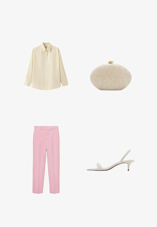 Chemise beige à manches longues boutonnée avec des rayures verticales subtiles et un col pointu, présentée sur fond blanc.; Pantalons rose clair en tissu texturé, avec une coupe droite, des passants de ceinture et des poches latérales avant. Aucune motif visible.; Sandale blanche à bout ouvert avec bride arrière et petit talon kitten, dotée d'une seule lanière avant.; Pochette ovale beige marbrée avec un fermoir nœud torsadé doré sur le dessus, sur fond blanc.