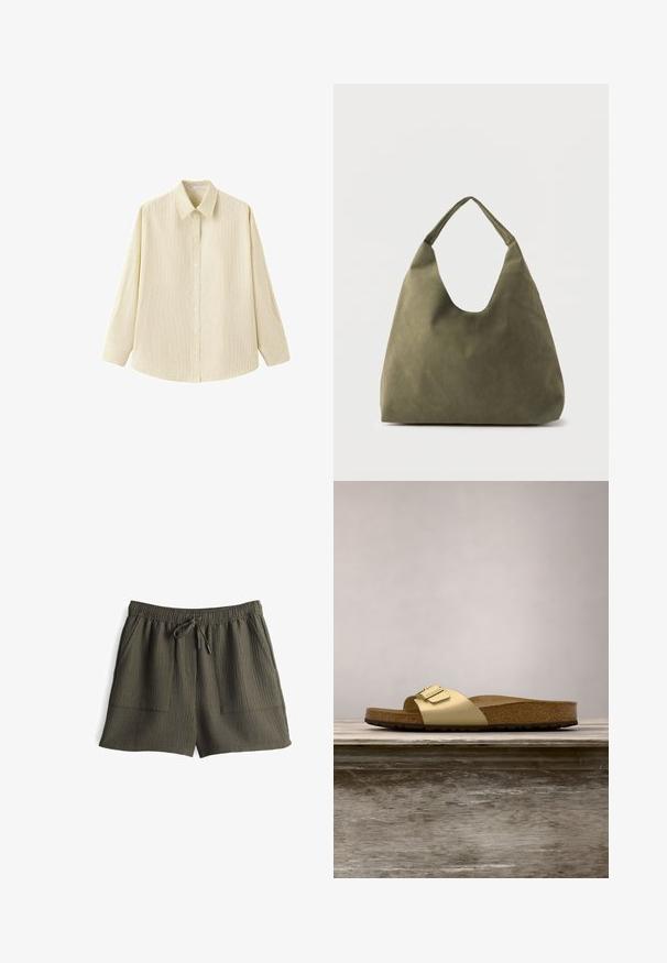 Beige, langärmliges Hemd mit Knopfleiste, feinen vertikalen Streifen und spitzem Kragen, auf weißem Hintergrund dargestellt.; Olivgrüne Shorts mit geripptem Muster, elastischem Bund, Kordelzugverschluss und zwei seitlichen Taschen.; Goldfarbene synthetische Slide-Sandale mit einem einzigen Riemen und Schnallenakzent, ausgestattet mit einem braunen Korkfußbett und einer strukturierten Gummisohle.; Weiche Schultertasche aus olivgrünem Leder mit einem breiten, einzelnen Träger und einer entspannten, unstrukturierten Form auf hellem Hintergrund.