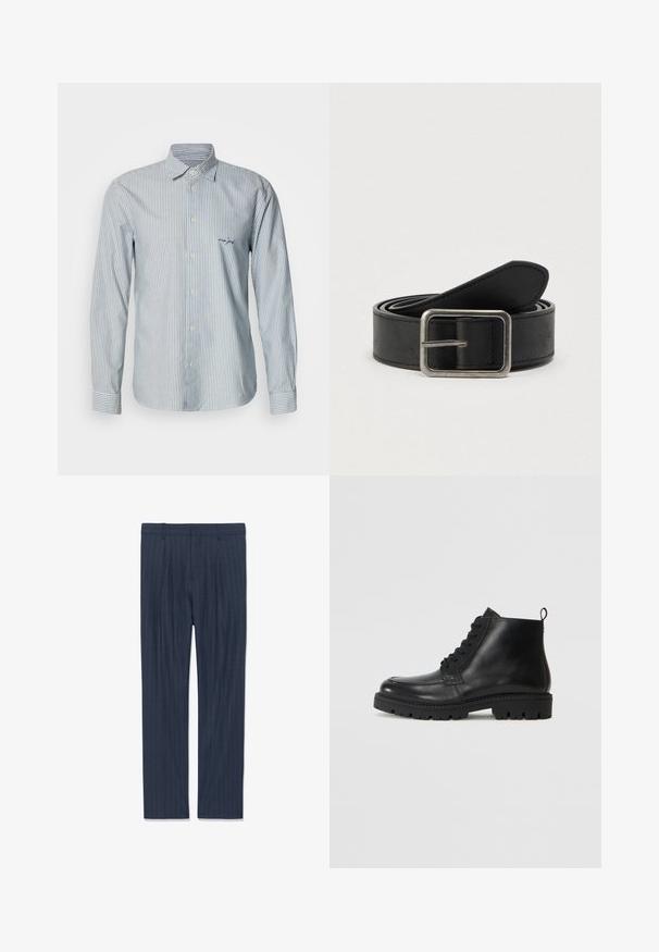 Camisa de manga larga con rayas azules y blancas en tejido de algodón, con cuello abotonado y un pequeño logo bordado en el pecho izquierdo.; Pantalones de traje para hombre a rayas marino, con pasadores para el cinturón, pliegues frontales y pernera recta, colocados sobre un fondo blanco.; Botas negras de cuero hasta el tobillo con punta redonda, cordones en la parte delantera y suela de goma texturizada. Incluye una pestaña en el talón para ponerlas y quitarlas fácilmente.; Cinturón de cuero negro con hebilla de metal plateado, con una textura lisa y un diseño sencillo y clásico.