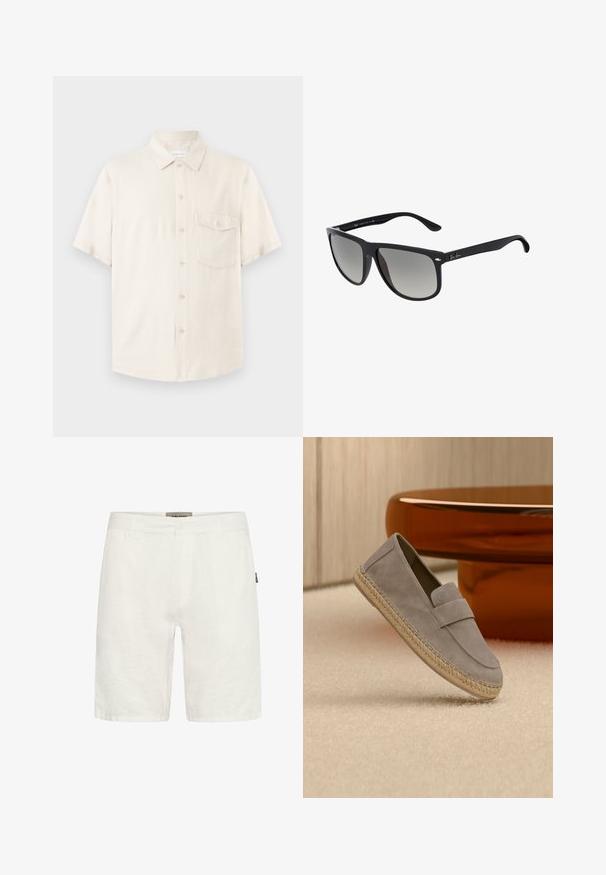 Chemise beige à manches courtes avec boutons, col pointu et une poche poitrine boutonnée, présentée à plat sur un fond clair.; Shorts en lin de couleur claire avec une coupe droite, dotés de poches latérales et d'une ceinture cousue. Comprend une petite étiquette de marque sur le côté.; Mocassin en daim gris clair avec semelle en jute tressé, présenté en appui sur un tapis beige avec une table marron brillante en arrière-plan.; Lunettes de soleil en plastique noir avec des verres dégradés. Forme carrée avec des bords arrondis, dotées d'accents en métal argenté et d'un intérieur texturé au niveau des branches.