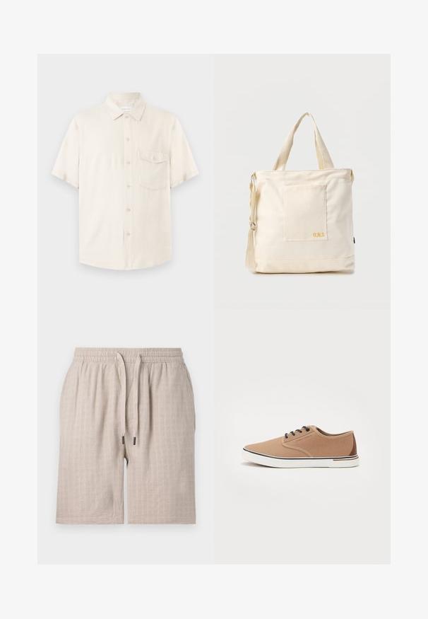 Chemise beige à manches courtes avec boutons, col pointu et une poche poitrine boutonnée, présentée à plat sur un fond clair.; Shorts beige texturés avec une taille élastique et un cordon de serrage. Présentent un subtil motif en carreaux et une coupe ample. Aucune poche visible.; Baskets en toile beige avec lacets bleu marine, semelle blanche et accents marron au talon. Design bas avec bout rond et coutures contrastées.; Sac fourre-tout en toile crème avec poche avant, deux poignées, bandoulière réglable et petit texte jaune "O.N.S" en bas à droite de la poche.
