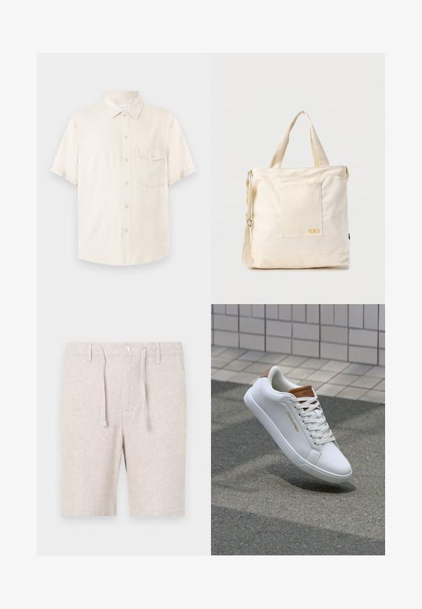 Camisa beige de manga corta con botones, cuello puntiagudo y un bolsillo en el pecho con un botón, mostrada plana sobre un fondo claro.; Pantalones cortos de color gris claro fabricados con un tejido texturizado con patrón de espiga. Cuentan con una cinturilla elástica, cordón ajustable y bolsillos frontales.; Zapatillas deportivas de cuero blanco con una textura suave, acento marrón en el talón, logo dorado en el lateral y suela de goma con agarre texturizado.; Bolsa tote de lona color crema con bolsillo delantero, dos asas, correa de hombro ajustable y pequeño texto amarillo "O.N.S" en la parte inferior derecha del bolsillo.