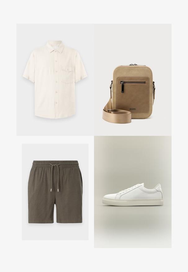 Chemise beige à manches courtes avec boutons, col pointu et une poche poitrine boutonnée, présentée à plat sur un fond clair.; Shorts vert foncé avec une taille élastique, fermeture à cordon de serrage et une texture lisse et légère. Pas de poches visibles ni de motifs.; Baskets blanches basses à lacets sur l’avant et semelle épaisse, vues de côté sur un fond neutre.; Petit sac bandoulière beige avec poche avant zippée, logo métallique ALDO, sangle large ajustable et forme rectangulaire arrondie sur fond blanc.