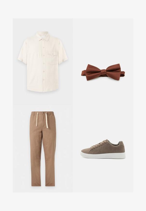 Chemise beige à manches courtes avec boutons, col pointu et une poche poitrine boutonnée, présentée à plat sur un fond clair.; Pantalon marron clair à coupe droite avec taille élastique, fermeture par bouton et cordons blancs.; Baskets en daim marron avec des semelles en caoutchouc blanc plat, design lacé, bout rond et texture lisse. Style minimaliste avec des détails de couture subtils.; Noeud papillon en satin marron avec une texture lisse, doté d'un nœud central et d'une sangle ajustable, idéal pour les occasions formelles.
