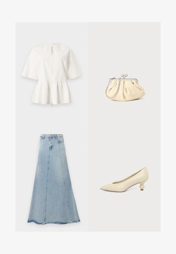 Biela blúzka s krátkym rukávom, predným zipsom a nariaseným pásom vytvárajúcim rozšírený lem peplum.; Svetlomodrá denim sukňa s rozšíreným A-liniovým strihom, so zapínaním na gombíky vpredu, pútkami na opasok a viditeľnými detailmi šitia.; Dámska topánka krémovej farby s ihličkovou špičkou a nízkym, guľatým guľovitým podpätkom na jednofarebnom pozadí.; Zhlý béžový kožený klobúk so strieborným kovovým rámom, ktorý má dve okrúhle dekoratívne zámky a strieborný reťazový popruh.