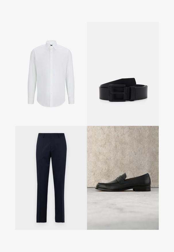 Witte lange mouwen shirt gemaakt van gladde stof met een standaard kraag, sluiting met knopen aan de voorkant en een afgeronde zoom. Geen zichtbare patronen of accenten.; Navy blauwe slim-fit formele broeken met riemlussen en doorgestikte plooien, weergegeven tegen een effen witte achtergrond.; Zwarte leren loafer zweeft boven een beige tapijt met op de achtergrond een glanzende, ronde, bruine tafel.; Zwarte leren riem met een matte afwerking, voorzien van een rechthoekige metalen gesp en een gladde textuur. Eenvoudig ontwerp zonder patronen of accenten.
