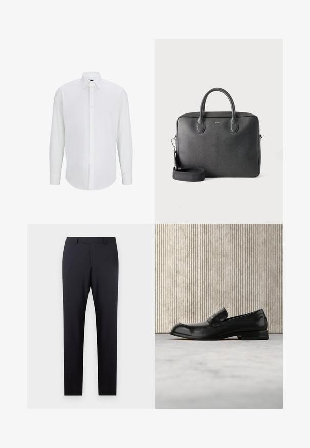Hvid langærmet skjorte lavet af glat stof med standard krave, frontlukning med knapper og afrundet kant. Ingen synlige mønstre eller accenter.; Mørkeblå skræddersyede bukser med flad front, slim fit, sidelommer og en glat tekstur; ingen synlige mønstre eller dekorative elementer.; Sort læderloafer med metalaccent, vist svævende over et beige tæppe, med et rundt, ravfarvet bord i baggrunden.; Sort lædermappe med to øverste håndtag, aftagelig skulderrem og lille BOSS-logo midt foran på ensfarvet baggrund.