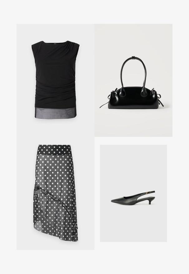 Top sin mangas negro hecho de tela elástica, con lados fruncidos, cuello de barco y un dobladillo inferior transparente.; Falda negra con lunares con un sobrecubrimiento transparente, que presenta una cinturilla ancha y un diseño asimétrico en capas. Textura suave y material ligero.; Zapato de tacón slingback negro de punta afilada, hecho de cuero suave. Presenta un tacón delgado y un detalle de hebilla en la correa ajustable.; Pequeño bolso negro brillante con dos asas largas y detalles de cordón lateral sobre un fondo claro liso.