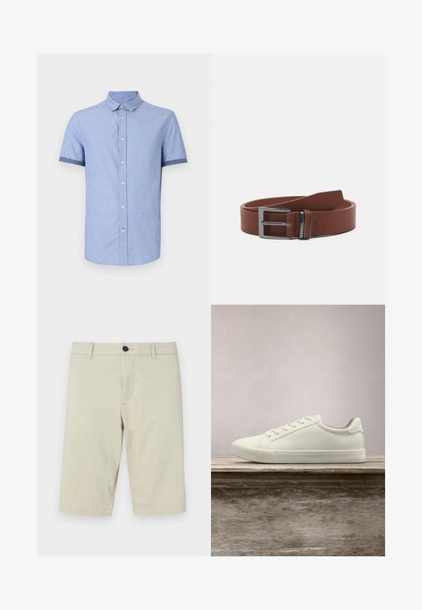Lyseblå kortærmet skjorte med knapkrave, der har lysebrune knapper og kontrasterende mørkeblå kant på ærmerne.; Beige shorts lavet af let bomuldsblanding, med flad front, bæltesløjfer, knaplukning og knælang kant.; Hvide snørresneakers svævende over en træbænk med grønne planter i baggrunden, der fremhæver skodesign og tekstur.; Brun læderbælte med en glat overflade, der har en sølvmetalspænde og minimalistisk design. Bæltet har en rund ende og præcise syninger.