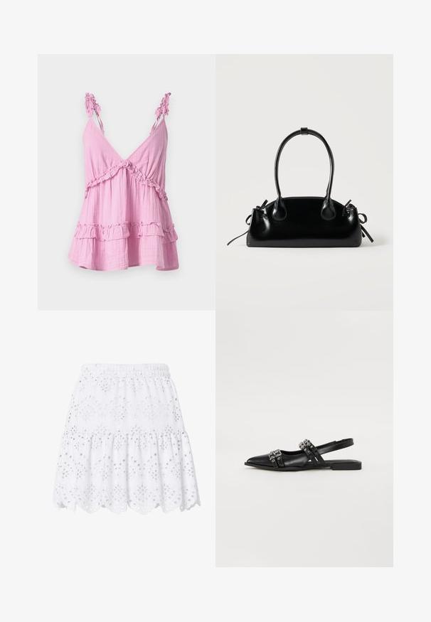 Top rose sans manches en tissu doux, avec des accents froncés le long de l'encolure et de l'ourlet. Présente un design décontracté et en étages.; Jupe courte blanche à volants avec taille élastique, broderie anglaise et ourlet festonné décoré de motifs floraux.; Even&Odd by Zalando Ballerines à brides arrière - black; Petit sac à main noir brillant avec deux longues anses et des détails à cordon sur les côtés sur un fond clair uni.