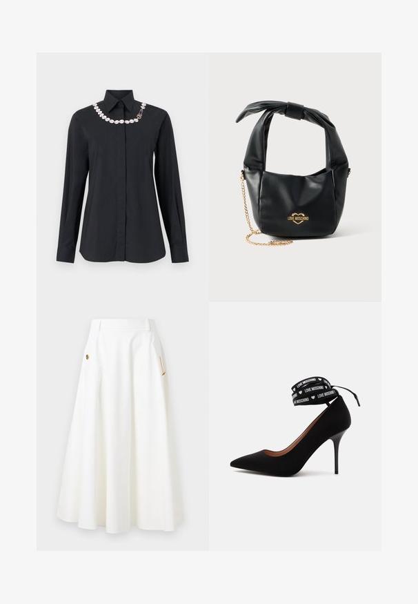 Chemise noire à manches longues avec boutons et col pointu, ornée d'une chaîne décorative de perles blanches et d'un fermoir doré le long de l'encolure.; Jupe midi blanche en A avec poches latérales, détails en chaîne dorée et boutons décoratifs, et passants de ceinture à la taille.; Escarpin noir à talon haut avec bout pointu et bride cheville avec le texte "LOVE MOSCHINO" et petits symboles de cœur blancs.; Sac à main Love Moschino en cuir noir souple avec poignée nouée et bandoulière chaîne dorée sur fond blanc.