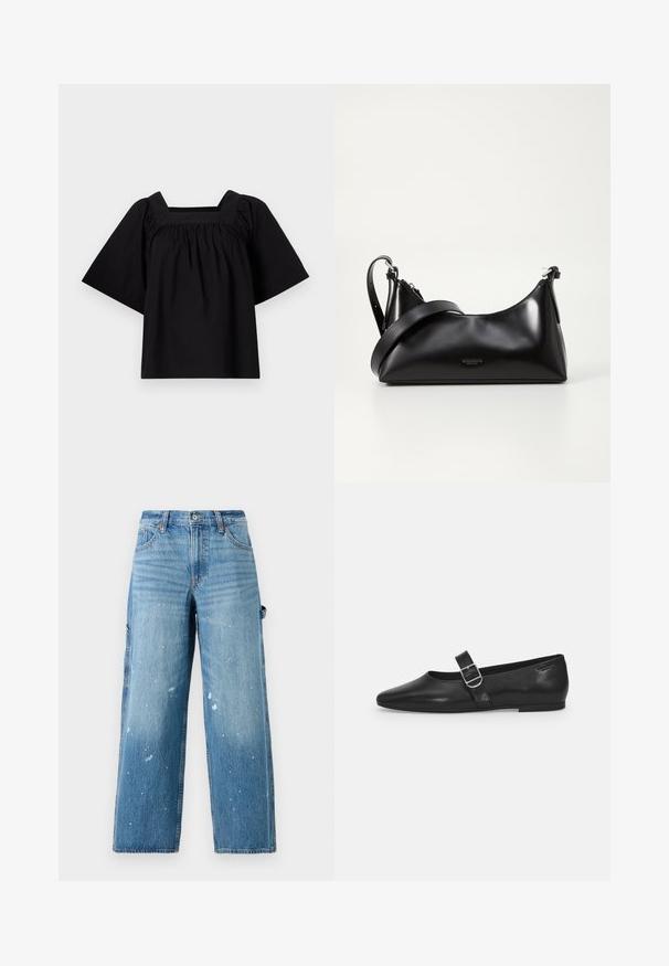 Schwarzes Baumwolloberteil mit quadratischem Ausschnitt, kurzen, weiten Ärmeln und gerafften Details an der Taille für eine entspannte Passform. Einfaches und minimalistisches Design.; Hellblaue Denim-Cargo-Jeans mit weitem Bein, ausgewaschenen Bereichen und Farbspritzern. Mit Seitentaschen und Knopfleiste.; Schwarzer Lederflatschuh mit runder Zehenform, einem verstellbaren Schnallenriemen und einer glatten, glänzenden Oberfläche. Minimalistisches Design mit einem niedrigen Absatz.; Schwarze lederne Handtasche mit glatter Textur. Verfügt über einen verstellbaren Riemen und ein elegantes, minimalistisches Design mit einem Reißverschluss.