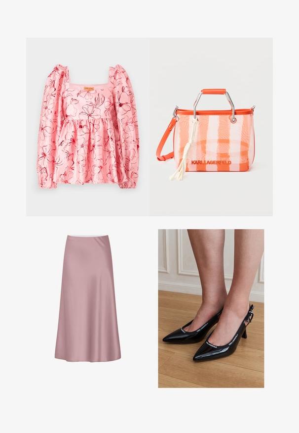 Lyserød bluse med puffede ærmer, firkantet halsudskæring og blomstermønster i rød. Fremstillet af struktureret stof med indsnævret talje.; Blød lyserød satin midi-nederdel med A-formet silhuet og glat, flydende stof.; Sorte laklæder stiletter med spids tå og KARL LAGERFELD mærket rem, båret på fødder, der står på trægulv.; Gennemsigtig orange tote-taske med sølvfarvede håndtag, orange kant, hvid kvast og "KARLLAGERFELD"-logo på forsiden.