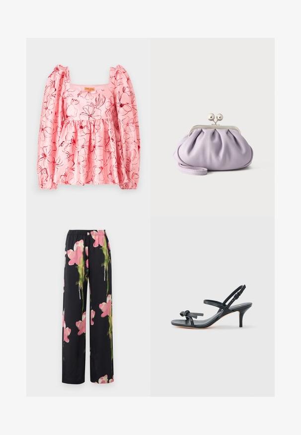 Roze blouse met pofmouwen, een vierkante halslijn en een bloemenpatroon in het rood. Gemaakt van textuurstof met een geraffineerde taille.; Bloemen brede broek met een zwarte achtergrond, versierd met roze en groene aquarelachtige bloemen. Zachte stof met een elastische tailleband.; Zwarte leren sandaal met hak, dunne bandjes, een klein strikdetail op de teen en een verstelbare enkelband met gesp.; Zachte lavendelkleurige clutch met geplooide stof, zilveren kiss-lock sluiting en bijpassend polsbandje op een effen lichte achtergrond.