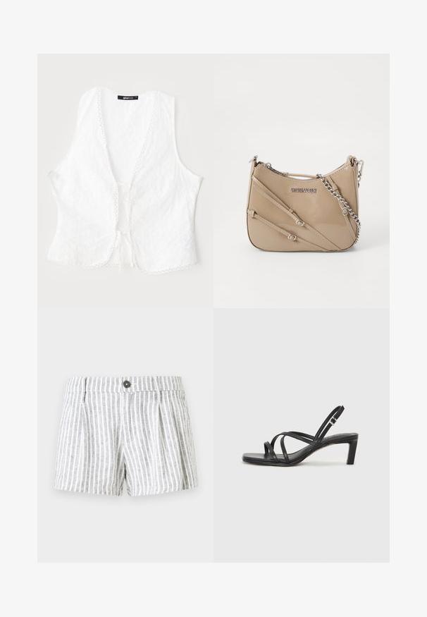 Top blanco sin mangas con un estampado floral, tela texturizada, bordes ondulados y cierre con lazo en la parte delantera. Etiqueta visible en el interior.; Pantalones cortos a rayas en gris claro y blanco, con cierre de botón, pliegues en la parte frontal y una tela suave y texturizada.; Sandalia negra de tiras con punta cuadrada y tacón bajo de bloque. Presenta múltiples tiras delgadas y una correa ajustable en el tobillo. Fabricada en cuero suave.; Bolso de piel sintética beige con forma curva, que presenta tres correas diagonales y una correa de cadena plateada. Incluye un cierre con cremallera y detalle del logo.