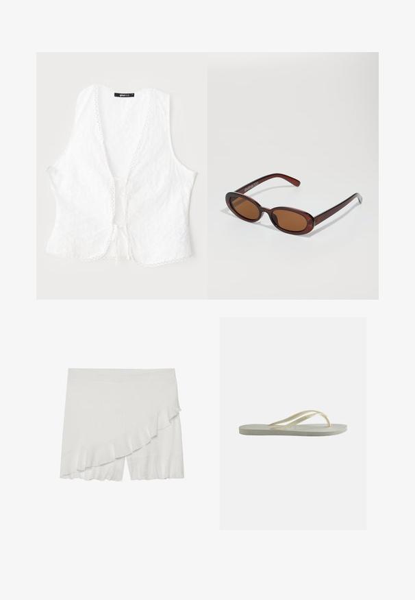 Haut sans manches blanc avec un motif floral, tissu texturé, bords festonnés et fermeture à nouer à l'avant. Étiquette visible à l'intérieur.; Shorts blancs en tissu texturé, avec un volant asymétrique sur un côté et un ourlet légèrement évasé.; Tongs en caoutchouc blanc cassé, à bride fine et semelle texturée, vues de côté sur un fond uni.; Lunettes de soleil rondes teinte brun avec une monture bordeaux brillante. Branches fines avec un détail de marque subtil. Design de verres plats.