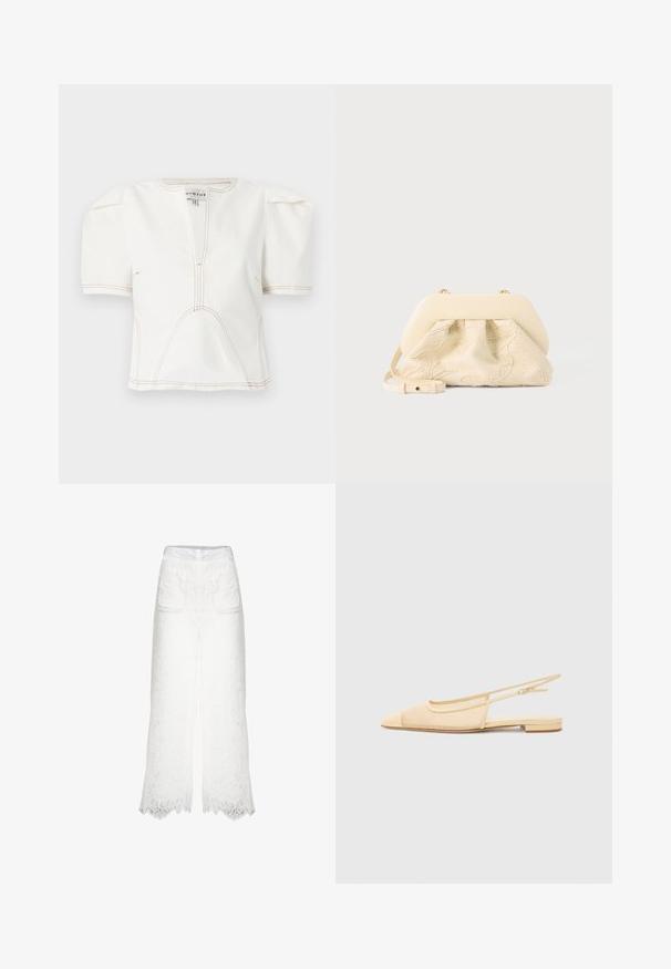 Hvid cropped top med puffede korte ærmer, der har en dyb V-hals og kontrastfarvet brun syning, der fremhæver sømmene og designdetaljerne.; Hvide bukser med brede ben lavet af struktureret blonde, med to frontlommer og bølgende kanter. Inklusiv en glat talje med en lille logoaccent.; Slingback fladsko i lys beige med en mesh-overdel, spids tå og en lav hæl. Har en justerbar strop for bedre pasform.; Håndtaske i kremfarvet stof med blomsterbroderi, blød afrundet topramme og justerbar rem, lagt foran på en lysegrå baggrund.