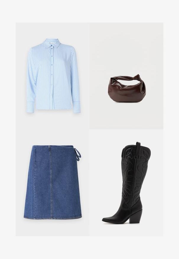 Lys blå stribet langærmet skjorte med krave, knaplukning fortil og kontraststribede manchetter. Glat stoftekstur.; Denim indpakningsskørt i mørkeblå. Har en lige snit, synlige syninger og et sideløkke til justering. Glat tekstur og standard kant.; Sorte knæhøje støvler i læder med spids snude og lagdelt hæl. Har dekorative syninger og buede designelementer.; Mørkebrun læder skuldertaske med en blød, afslappet form og et snoet knudehåndtag på en ensartet hvid baggrund.