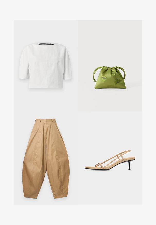 Haut blanc à manches longues et col carré avec des détails de coutures et une étiquette noire au niveau de la nuque affichant le nom de la marque.; Pantalons beiges taille haute, jambes larges avec des plis, passants de ceinture et ourlets fuselés, présentés sur un fond blanc.; Sandale beige à lanières avec une fine boucle pour l'orteil, deux lanières latérales, une bride arrière, une semelle rembourrée et un talon noir élégant de hauteur moyenne.; Sac à main vert à cordon avec deux poignées, décoré de formes abstraites bleues et vertes brodées, sur un fond blanc uni.