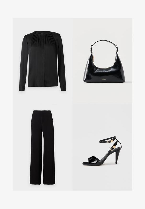 Blouse noire à manches longues en tissu lisse avec un col arrondi et de légères fronces aux épaules. Présente une coupe droite et une fermeture par boutons.; Pantalon noir à jambes larges en tissu doux avec une taille élastique, présentant un design épuré sans motifs ni accents visibles.; Sandale à talon haut en cuir verni noir avec double bride de cheville et boucles dorées, bout ouvert, et talon effilé sur fond neutre.; Sac à main Calvin Klein noir brillant avec fermeture éclair dorée et anse courte sur fond blanc uni.