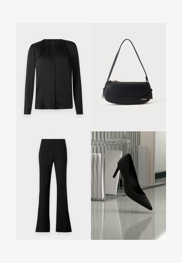 Blouse noire à manches longues en tissu lisse avec un col arrondi et de légères fronces aux épaules. Présente une coupe droite et une fermeture par boutons.; Pantalons évasés noirs en tissu lisse avec une taille haute, dotés de deux poches arrière et d'un pli sur le devant de chaque jambe.; Chaussure noire à talons hauts équilibrée sur son talon sur un comptoir réfléchissant près de porte-dossiers métalliques avec des dossiers blancs.; Sac à épaule en cuir noir avec rabat incurvé, logo doré "HUGO" sur le devant, et une bandoulière réglable.