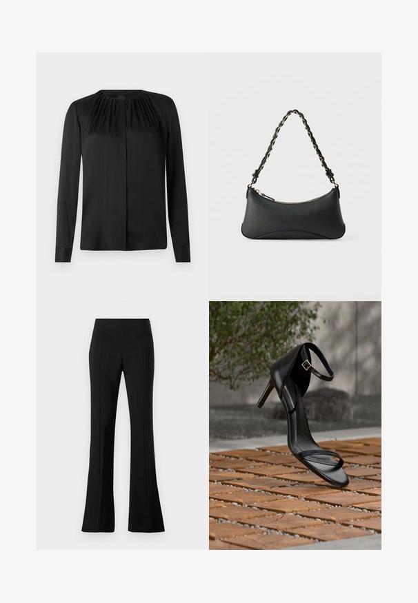 Blouse noire à manches longues en tissu lisse avec un col arrondi et de légères fronces aux épaules. Présente une coupe droite et une fermeture par boutons.; Pantalons évasés noirs en tissu lisse avec une taille haute, dotés de deux poches arrière et d'un pli sur le devant de chaque jambe.; Sandale noire à talon haut avec sangle à la cheville, suspendue au-dessus d'un sol en carreaux de bois à l'extérieur, avec un arrière-plan flou de verdure et de pierre.; Sac à bandoulière en cuir noir de forme rectangulaire incurvée, avec une chaîne dorée tissée dans la bandoulière noire tressée et une fermeture éclair sur le dessus.