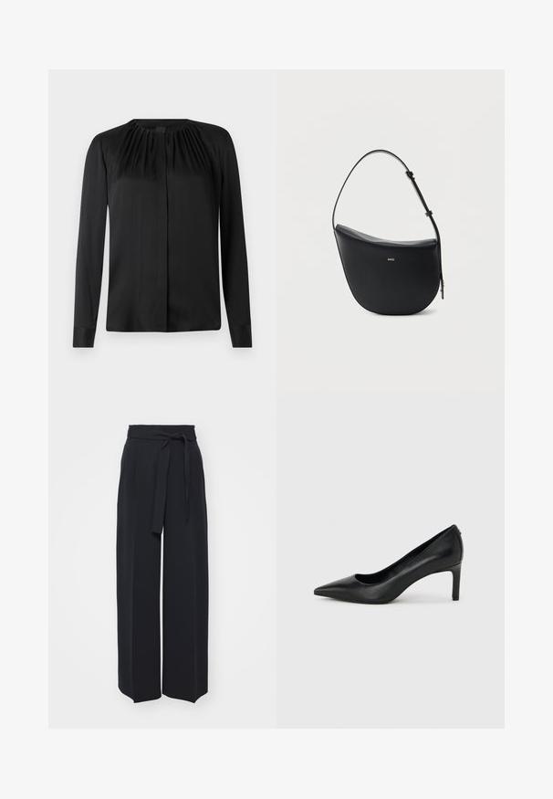Blouse noire à manches longues en tissu lisse avec un col arrondi et de légères fronces aux épaules. Présente une coupe droite et une fermeture par boutons.; Pantalons noirs à jambes larges en tissu doux. Dotés d'une taille ceinturée et de plis avant. Texture lisse avec un design épuré et contemporain.; Escarpin à bout pointu en cuir noir avec un talon fin de hauteur moyenne sur un fond gris clair uni.; Sac à bandoulière en cuir noir en forme de demi-lune avec une bandoulière réglable et le logo doré « BOSS » centré sur le devant.