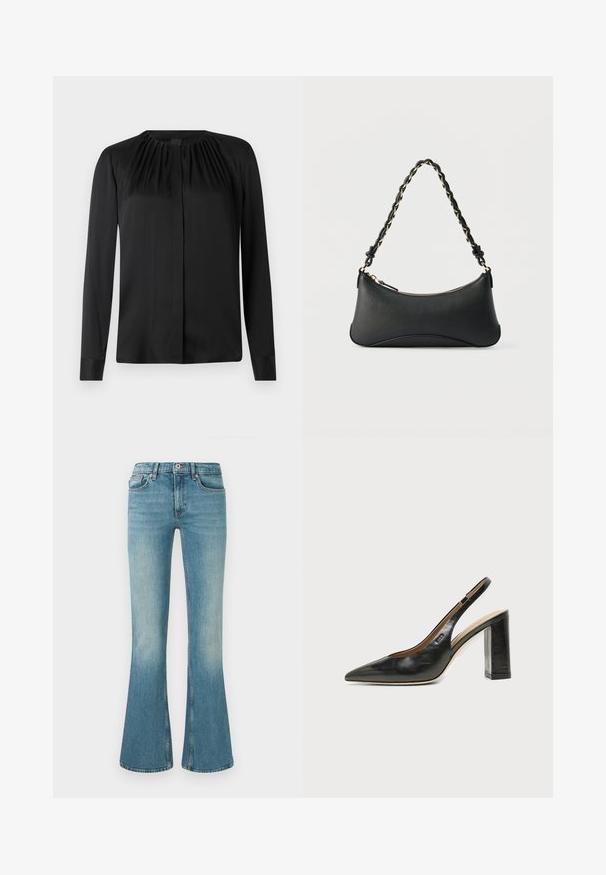 Sort langærmet bluse lavet af glat stof med rund hals og subtile læg ved skuldrene. Har en lige pasform og knaplukning foran.; Udsvingede blå denimjeans med lys vask, fem lommer, broderede detaljer og en talje med knap- og lynlås lukning.; Sort læder peep-toe slingback sko med høj blokhæl og beige indvendig foring mod en ensfarvet lys baggrund.; Sort skuldertaske i læder med en buet rektangulær form, gyldent kæde vævet ind i en flettet sort rem og toplynlås.