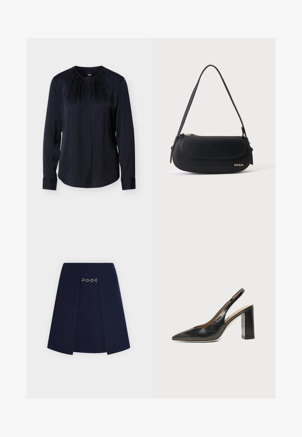 Blouse bleu marine à manches longues, avec un col plissé et une fermeture à boutons. Tissu lisse avec poignets et coupe légèrement cintrée.; Jupe bleu marine avec panneaux avant superposés reliés par un détail de chaîne argentée horizontale à la taille.; Chaussure slingback en cuir noir à bout pointu avec un talon bloc haut et une doublure intérieure beige sur un fond clair uni.; Sac à épaule en cuir noir avec rabat incurvé, logo doré "HUGO" sur le devant, et une bandoulière réglable.