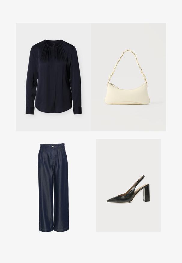 Marineblauwe blouse met lange mouwen, geplooide halslijn en knoopsluiting. Gladde stof met manchetten en een licht getailleerde pasvorm.; Navyblauwe denim broeken met wijde pijpen en een hoge taille, met voorplooien en gouden stikselaccenten, een gladde textuur en een knoopsluiting.; Zwarte leren damesslingback met spitse neus en dikke hoge blokhak tegen witte achtergrond.; Kleine handtas in crèmekleur met een gebogen vorm en gevlochten kettinghengsel in goudkleur, ritssluiting aan de bovenkant