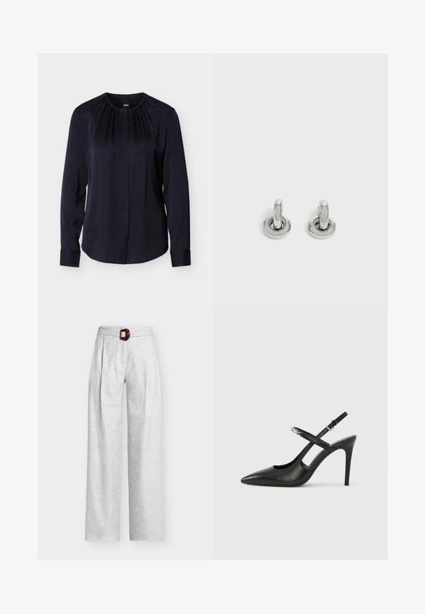 Blouse bleu marine à manches longues, avec un col plissé et une fermeture à boutons. Tissu lisse avec poignets et coupe légèrement cintrée.; Pantalon blanc à jambes larges avec un motif discret en quadrillage et des plis, doté d'une ceinture à boucle en écaille de tortue à la taille.; Escarpins slingback en cuir noir avec bout pointu, design ajouré et bride ajustable ornée de ferrures métalliques.; Paire de petites boucles d'oreilles créoles argentées brillantes avec une base ronde, présentées sur un fond clair uni.