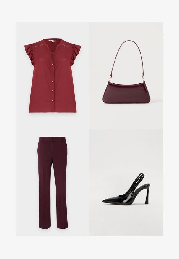 Blouse bordeaux sans manches à boutons, avec des manches courtes volantées et des détails ajourés près des épaules.; Pantalons taillés bordeaux avec une texture lisse, design à jambe droite et taille mi-haute. Ne présente pas de poches visibles ni d'embellissements.; Escarpin en cuir verni noir à talon aiguille, à bout pointu, avec une sangle élastique double pour un maintien sécurisé. Surface lisse et brillante.; Sac à main brillant bordeaux foncé avec une anse fine unique et une forme trapézoïdale élégante sur un fond clair uni.