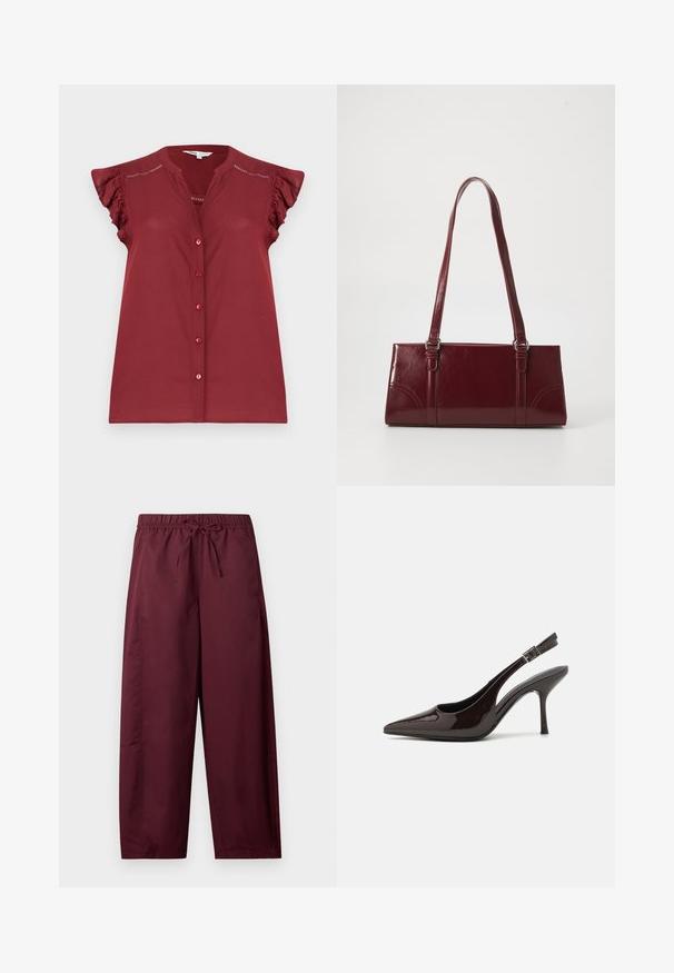 Mouwloze bordeauxrood overhemdblouse met knoopsluiting, gerimpelde schoudermouwtjes en oogjesdetails bij de schouders.; Losse, bordeauxrode broek met elastische tailleband en trekkoord, rechte pijpen, zonder zichtbare zakken of patronen.; Slingback hoge hak schoen in glanzend donkerbruin patentleer, puntige neus, open zijkanten en verstelbare enkelband.; Bourgondische handtas van glanzend materiaal, rechthoekige vorm, met twee schouderbanden en subtiele gebogen accenten aan de voorkant.