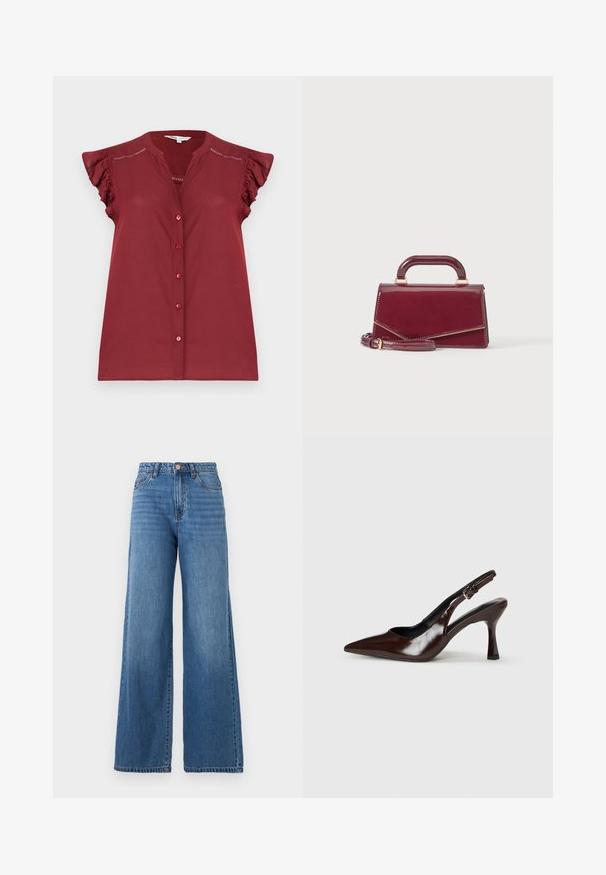 Blouse bordeaux sans manches à boutons, avec des manches courtes volantées et des détails ajourés près des épaules.; Jean bleu taille haute à jambe large avec poches avant, passants pour ceinture, fermeture à bouton et braguette zippée.; Talons slingback en cuir verni brun avec un bout pointu, un talon fin, et une sangle réglable avec une petite boucle.; Petit sac à main bordeaux brillant avec une poignée supérieure et une bandoulière détachable, présenté sur un fond clair uni.