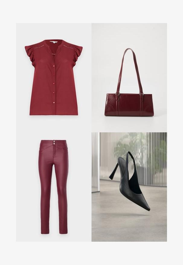 Blusa burdeos sin mangas con botones, manga corta con volantitos y detalles de calados cerca de los hombros.; Pantalones skinny de imitación de cuero burdeos con cintura alta, presentan dos botones frontales, bolsillos frontales a inglete y una textura suave y brillante.; Zapato de tacón stiletto con tira trasera de cuero negro y punta puntiaguda, flotando sobre un suelo de hormigón liso y fondo de panel metálico vertical.; Bolso burdeos hecho de material brillante, de forma rectangular, con dos asas para el hombro y sutiles acentos curvados en la parte frontal.
