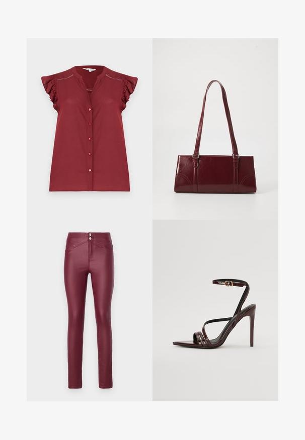 Blusa burdeos sin mangas con botones, manga corta con volantitos y detalles de calados cerca de los hombros.; Pantalones skinny de imitación de cuero burdeos con cintura alta, presentan dos botones frontales, bolsillos frontales a inglete y una textura suave y brillante.; Sandalia de tacón alto de charol burdeos con tira en el tobillo, punta afilada y tres tiras horizontales en el pie. Detalle de hebilla en tono dorado.; Bolso burdeos hecho de material brillante, de forma rectangular, con dos asas para el hombro y sutiles acentos curvados en la parte frontal.