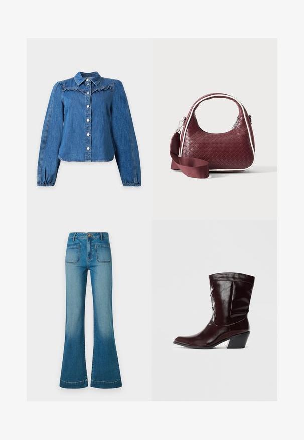 Blouse en denim bleu à manches longues bouffantes, boutons argentés sur le devant, petit col et détail volanté sur la poitrine.; Jean en denim bleu taille haute avec poches plaquées à l'avant et jambes évasées, comportant une fermeture à bouton et à zip.; Bottines en cuir bourgogne avec un bout pointu, une surface texturée et un petit talon effilé. Présente une couture discrète et un ajustement confortable.; Sac à main en cuir tressé marron foncé avec poignée courbée, garniture blanche, fermeture éclair argentée et bandoulière large en tissu amovible sur fond uni.